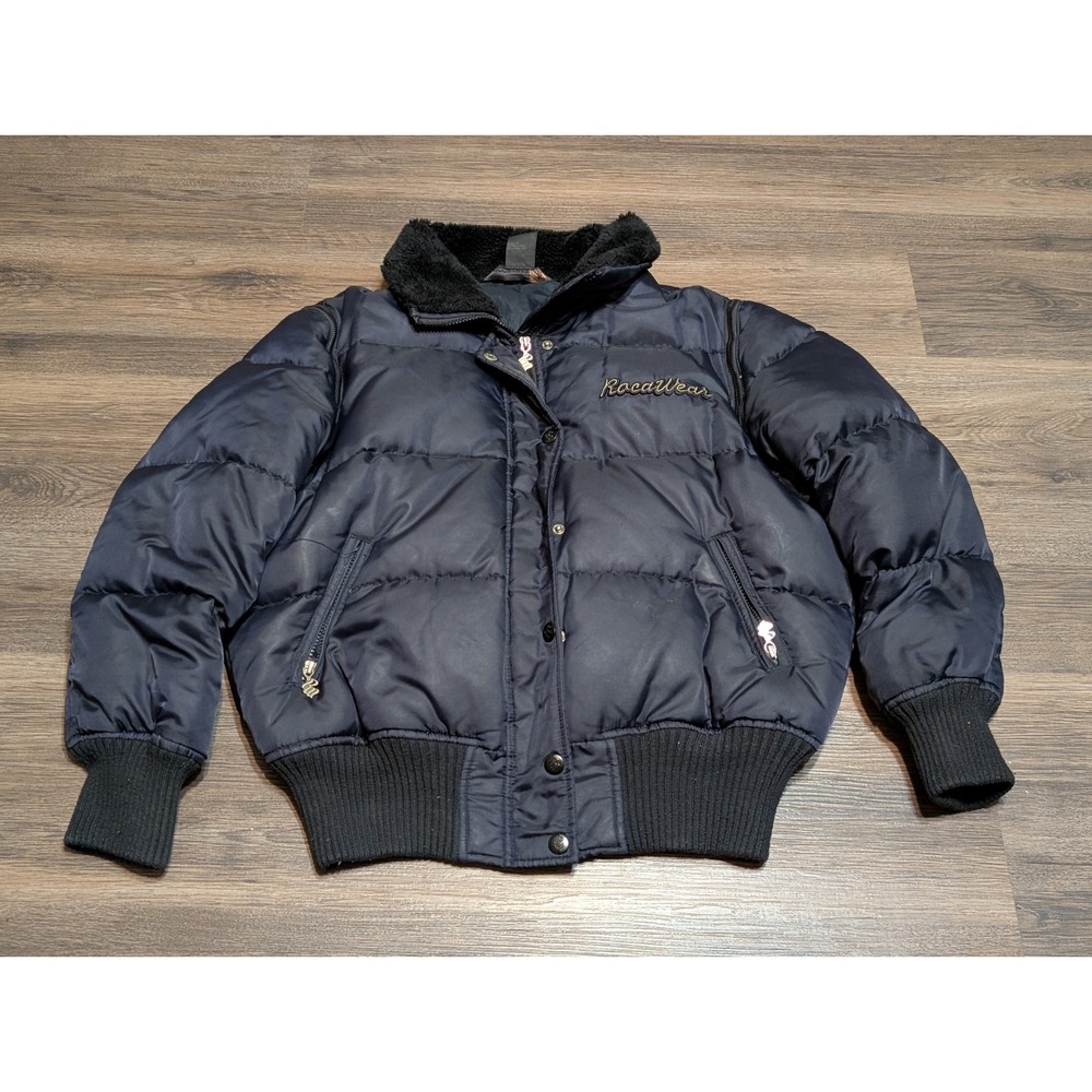 Rocawear Womens Navy Blue Down Puffer Bomber Jacket Faux Fur Collar Large Y2K